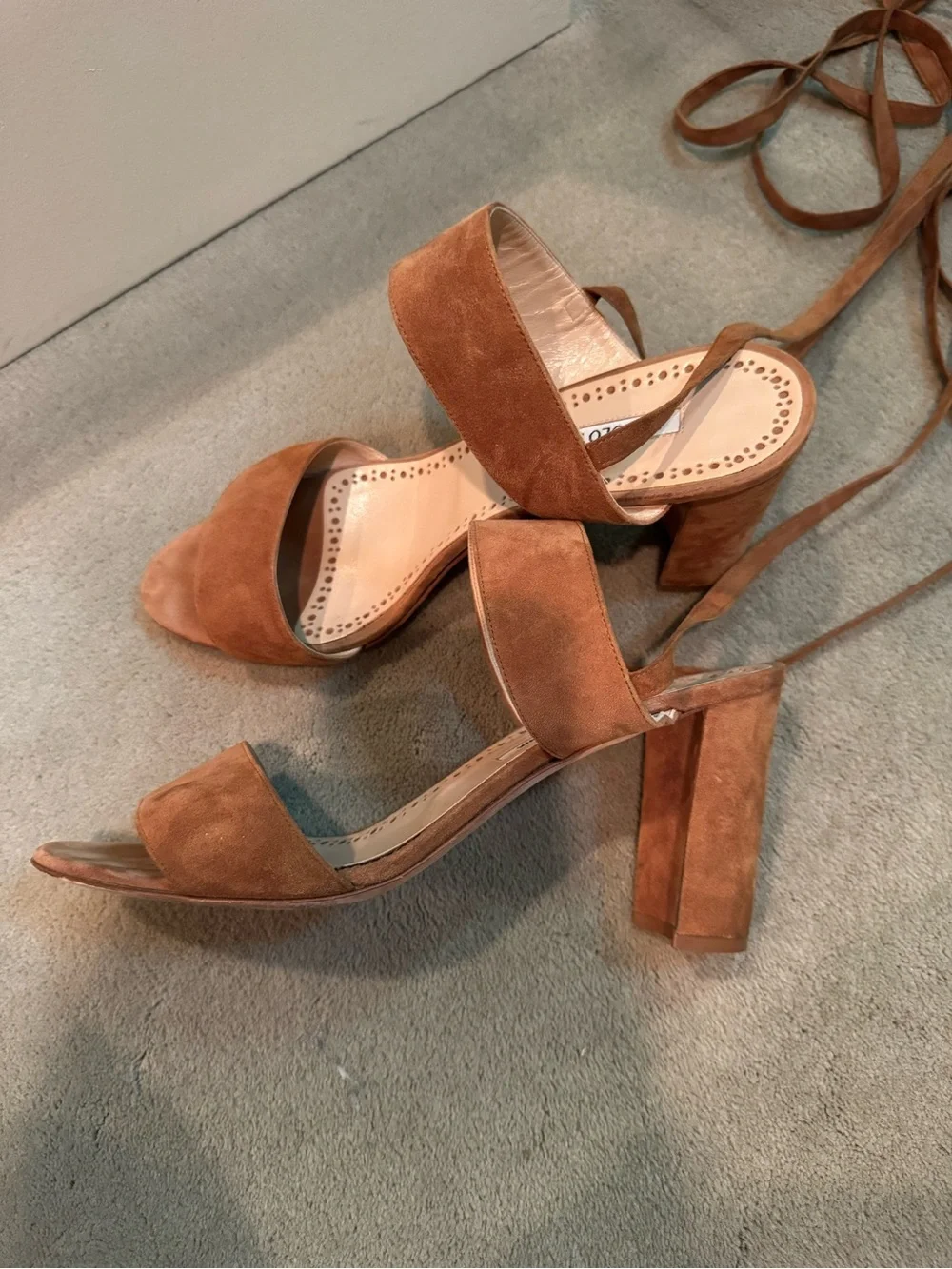 Manolo Blahnik Tan Suede Lace-Up Heeled Sandals